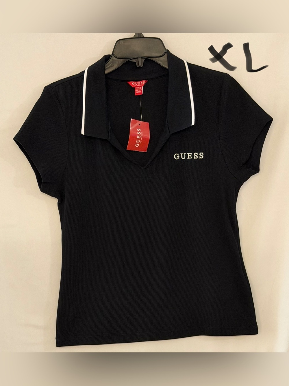 GUESS Black Short-Sleeve Polo Top with White Collar Trim and Logo